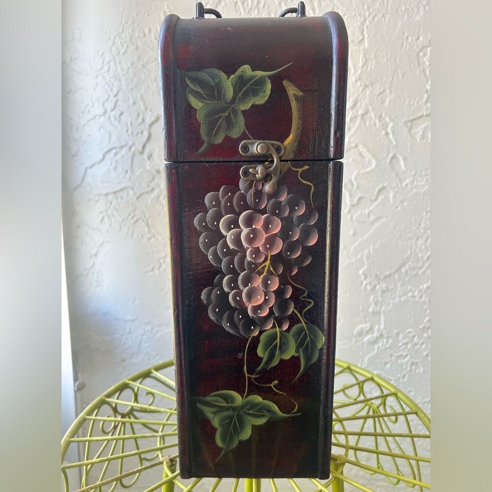 Hand-Painted Wooden Box with Grapes Design Wine Holder 13.5 in